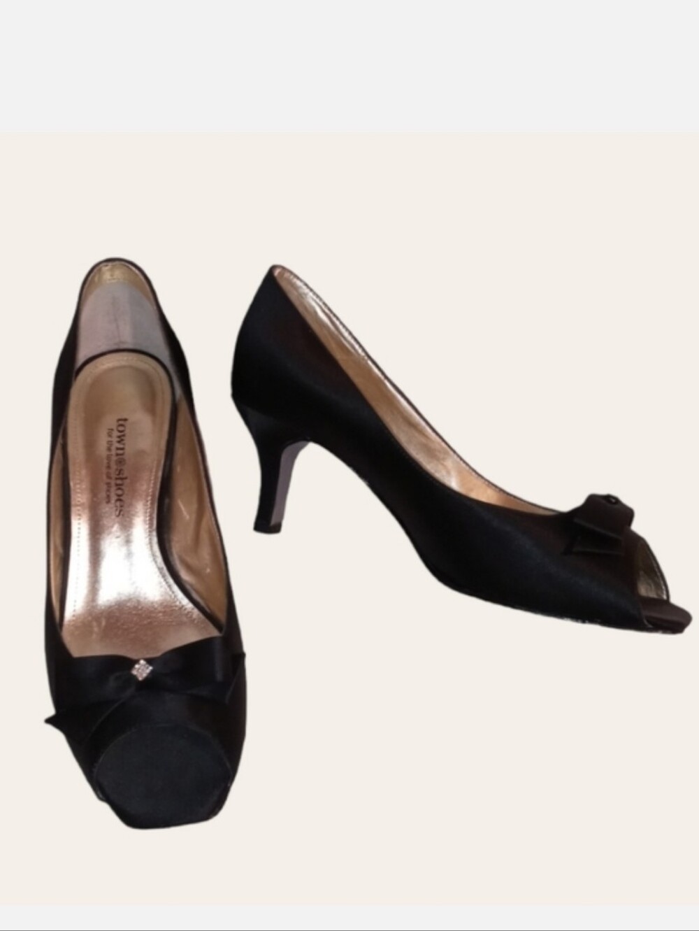 'Town Shoes' Black Satin Peep-toe Low Heels